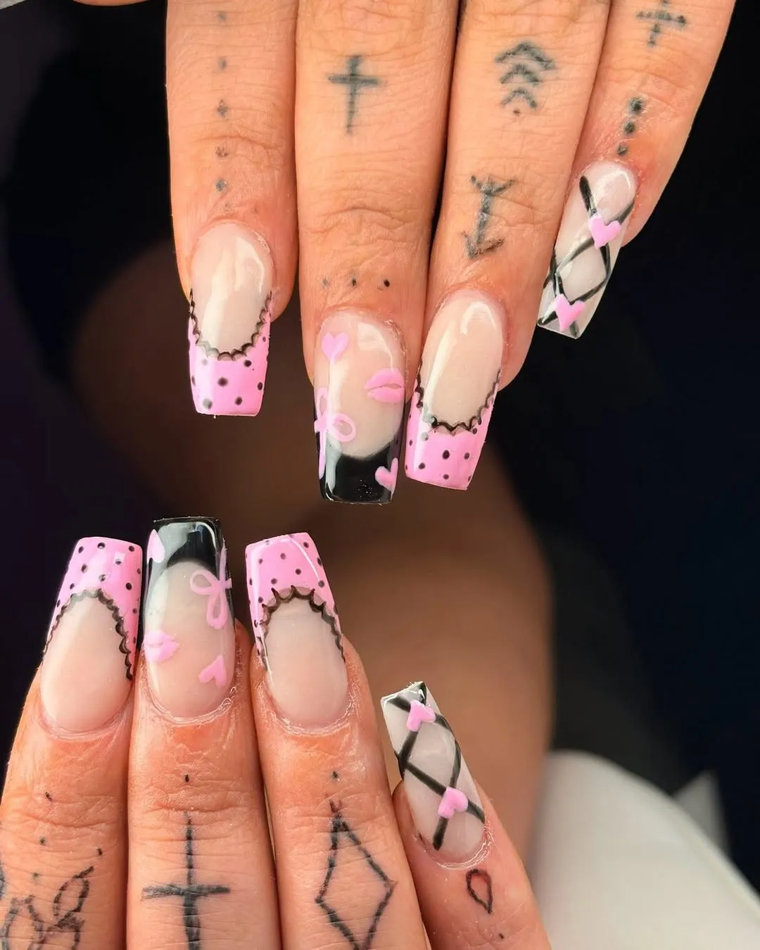 Pink French Tips with Scalloped Borders, Dots, and Heart Details