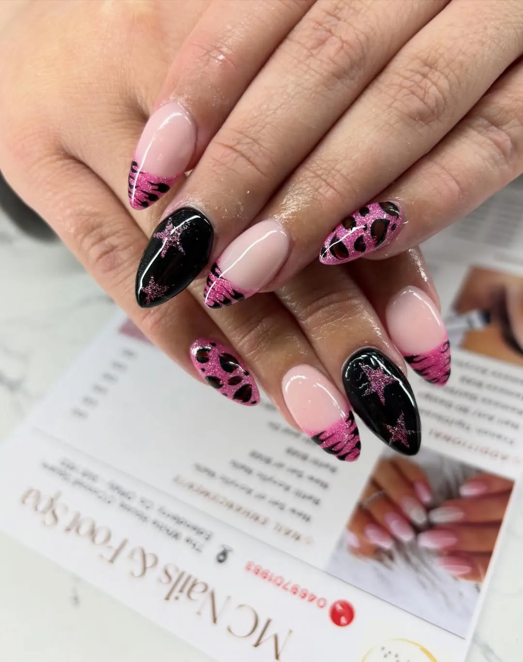 Pink Glitter Tips with Black Stripes and Star Accents