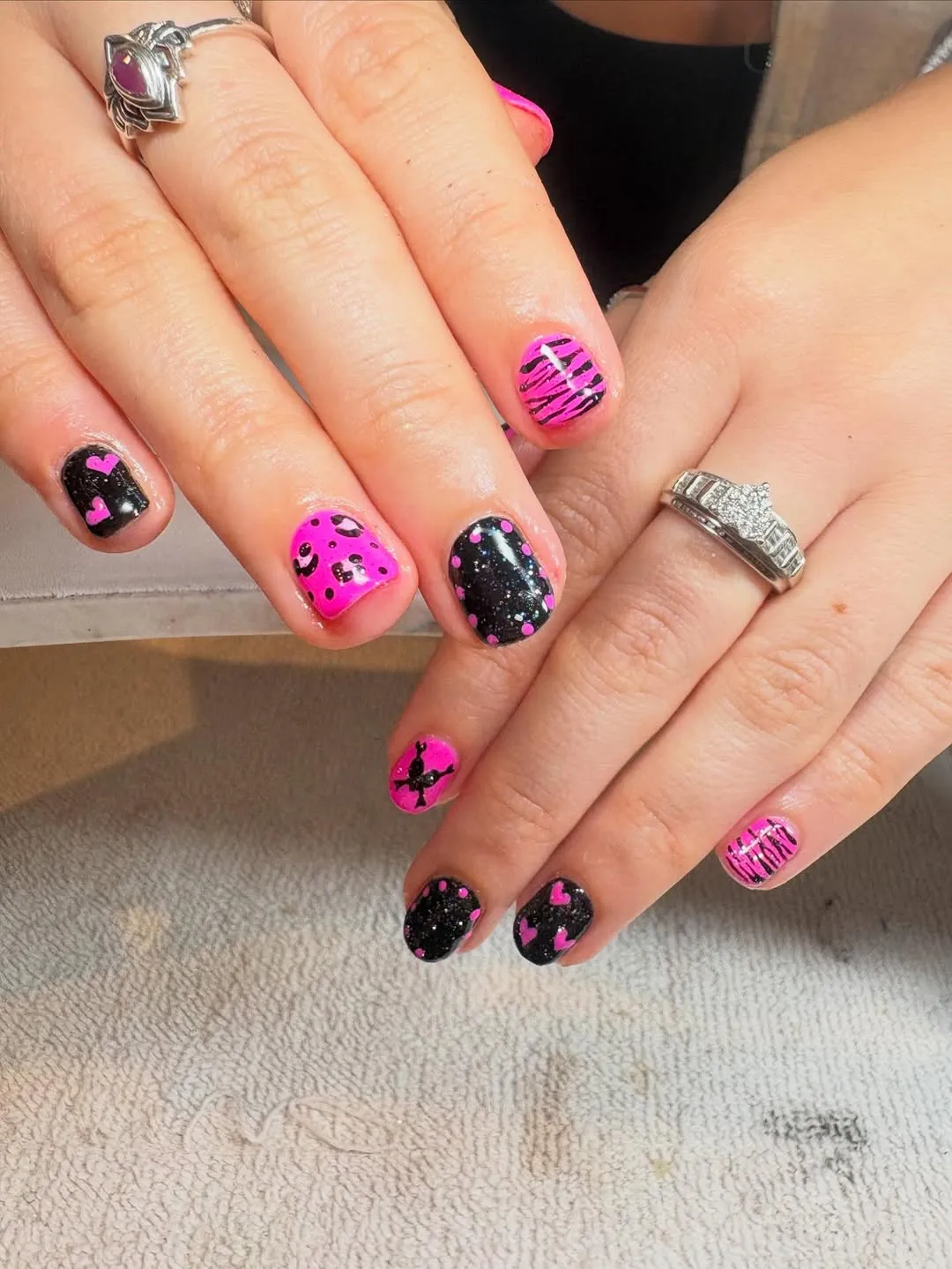 Short Pink-and-Black Mix with Stripes, Spots, and Hearts