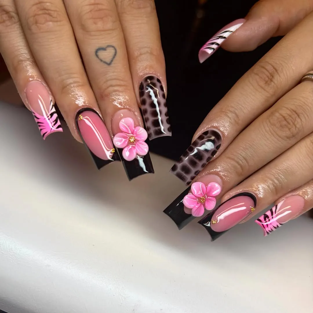 Black French Tips with Leopard Print and 3D Pink Flowers