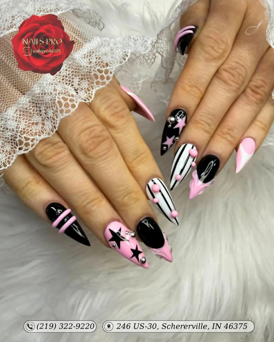 Stiletto Stars, Stripes, and 3D Bead Accents in Pink and Black