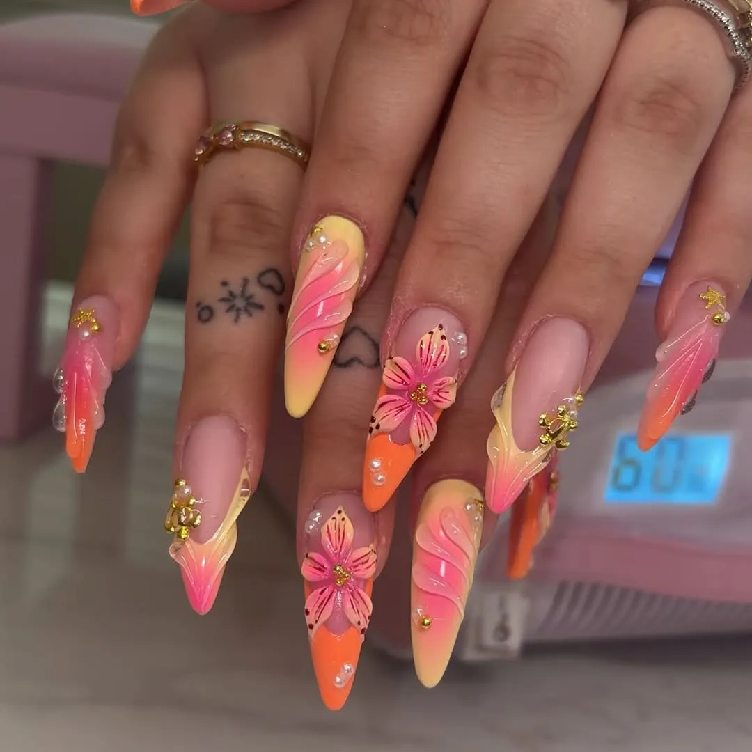 Extra-long gradient stilettos with 3D swirls and flowers