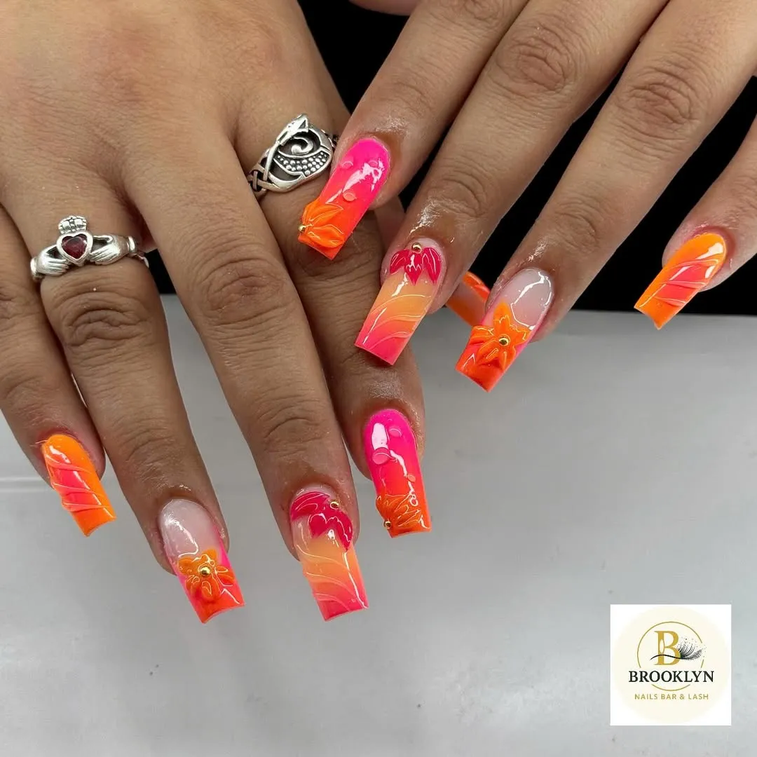 Long square pink-orange gradients with gold studs
