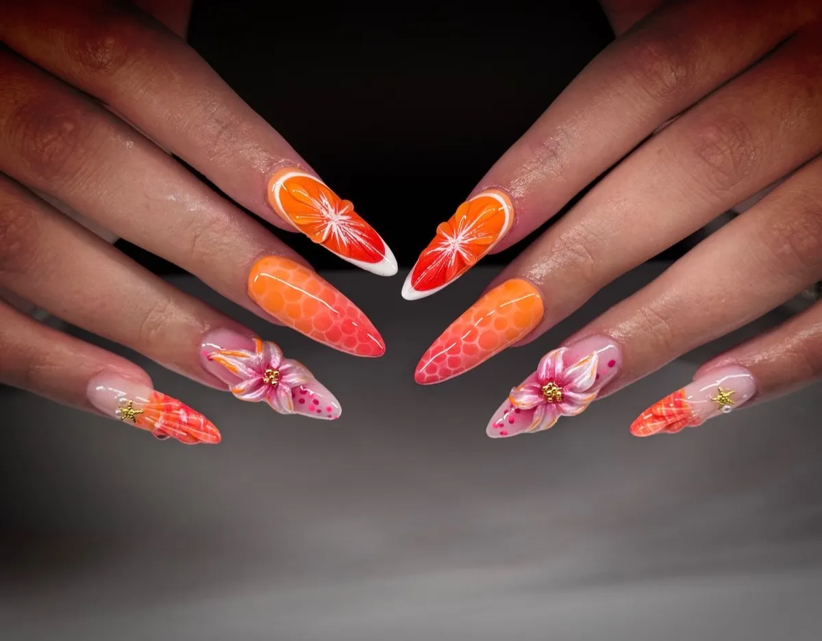 Orange-red gradients with starbursts, honeycomb pattern, and 3D flowers