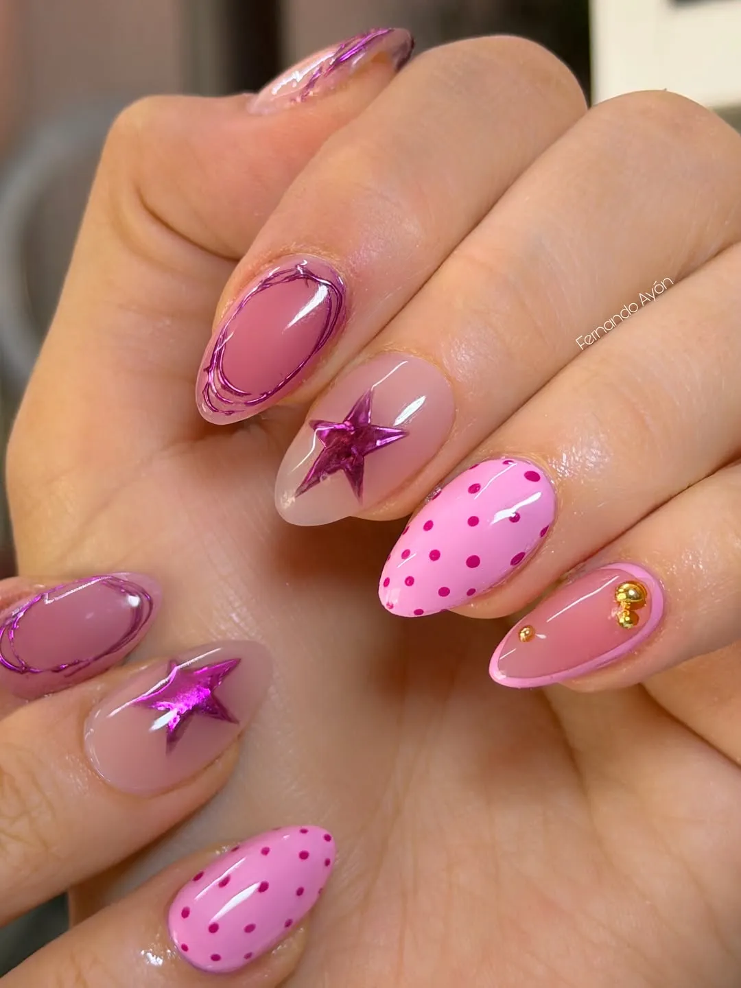Pink Polka Dot Nails with Star and Outline Accents