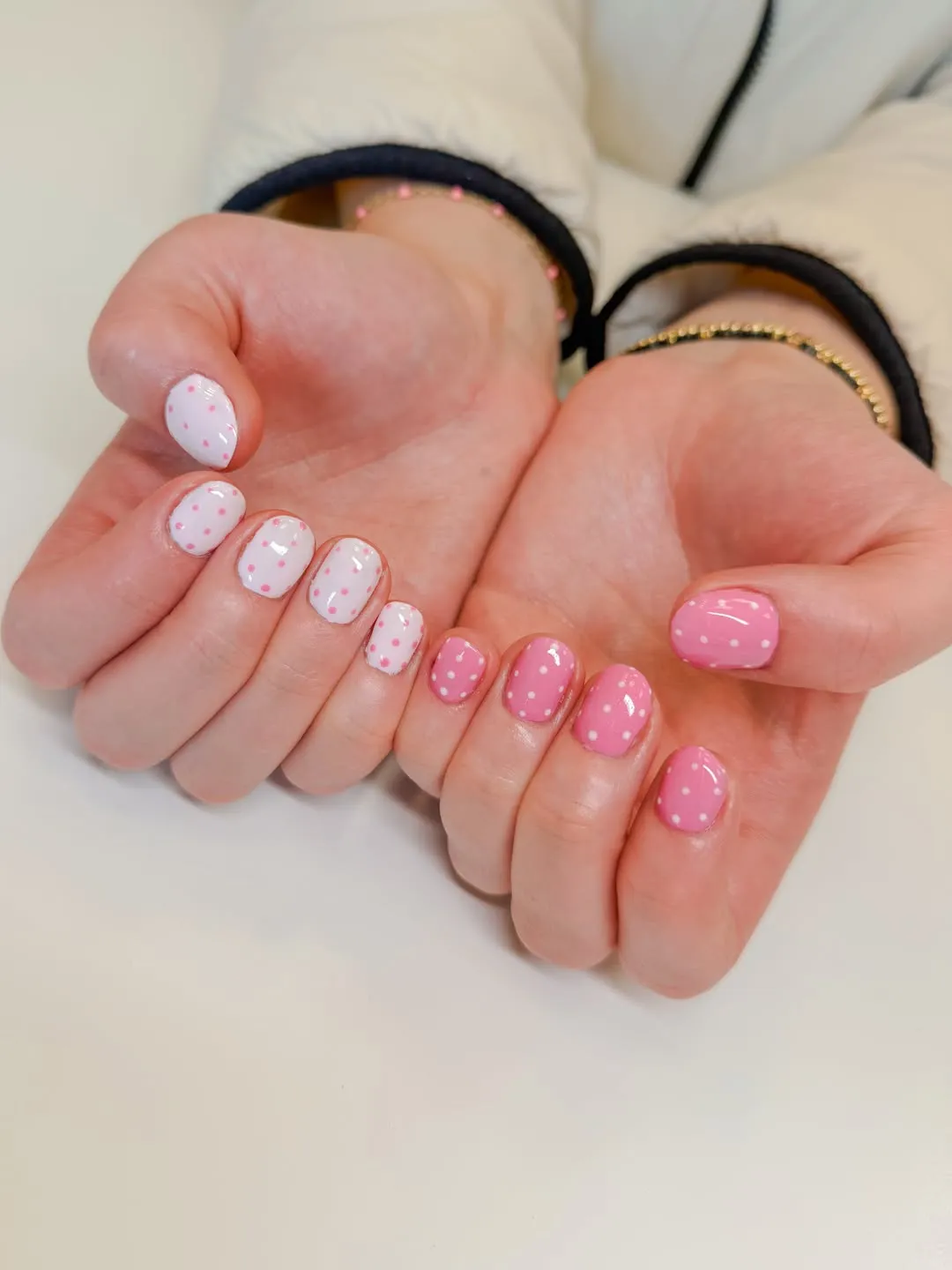 Short pink-and-white polka-dot set