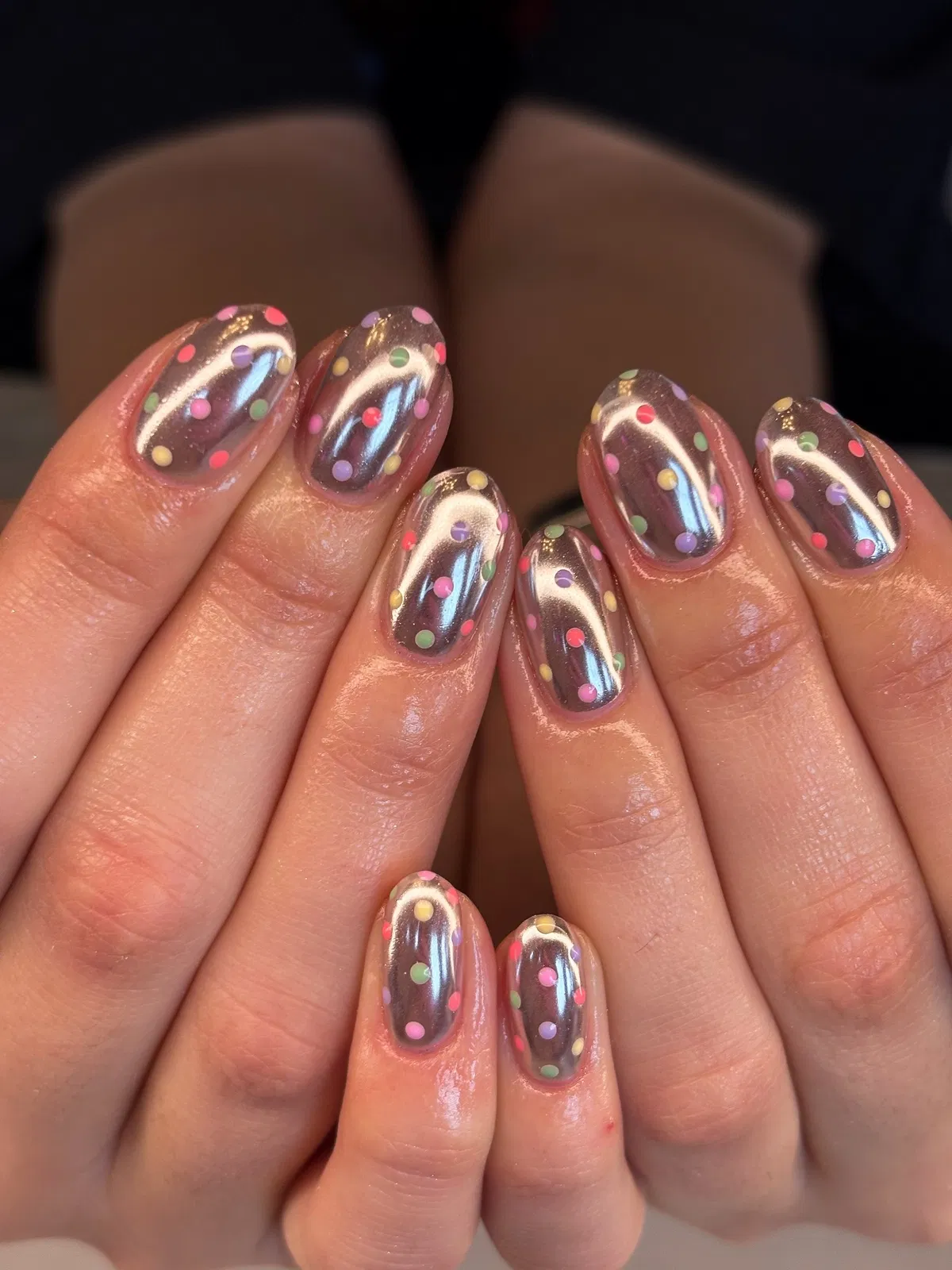 Reflective gray base with multicolor polka dots