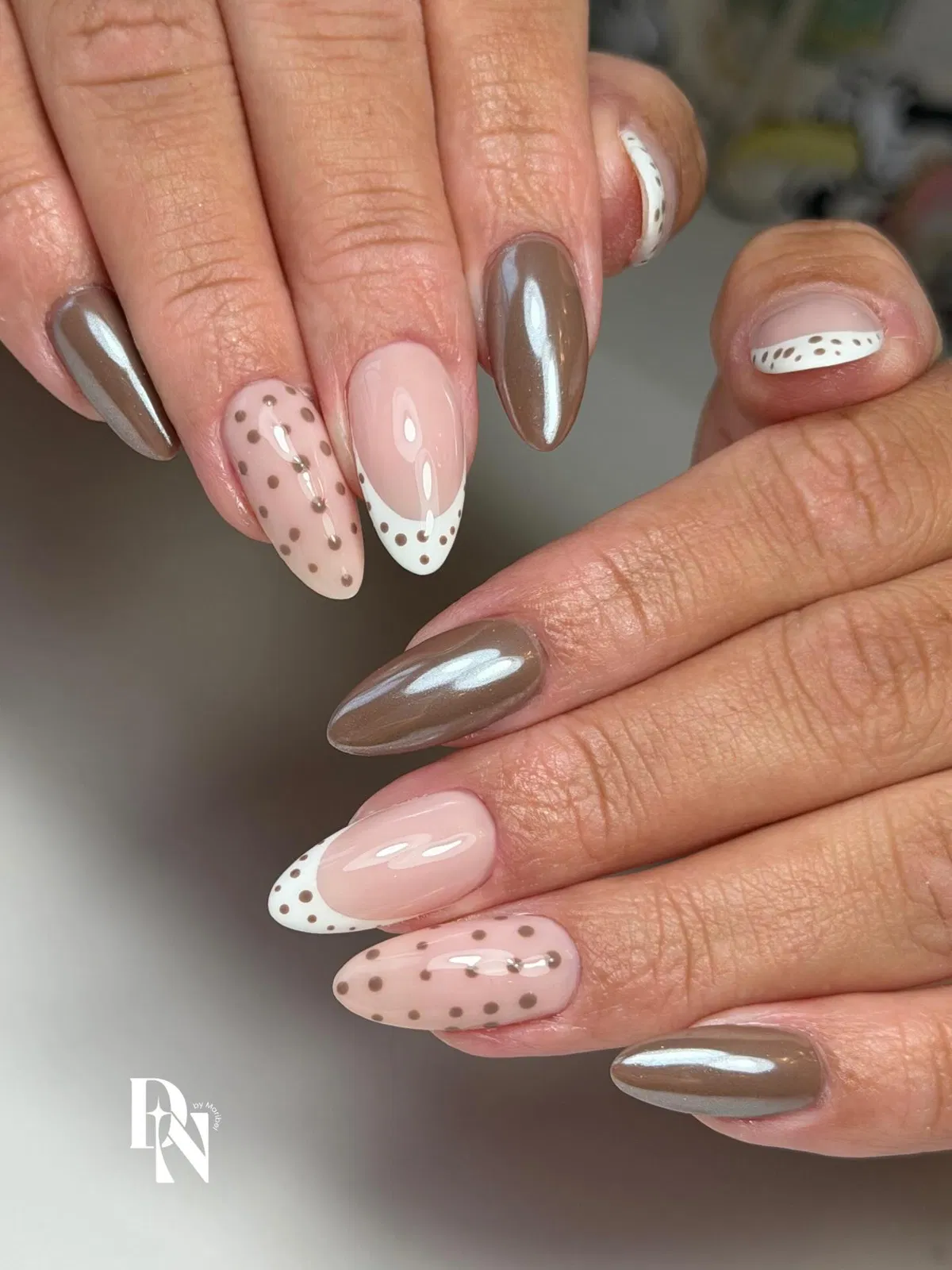 Metallic taupe with nude polka-dot French tips