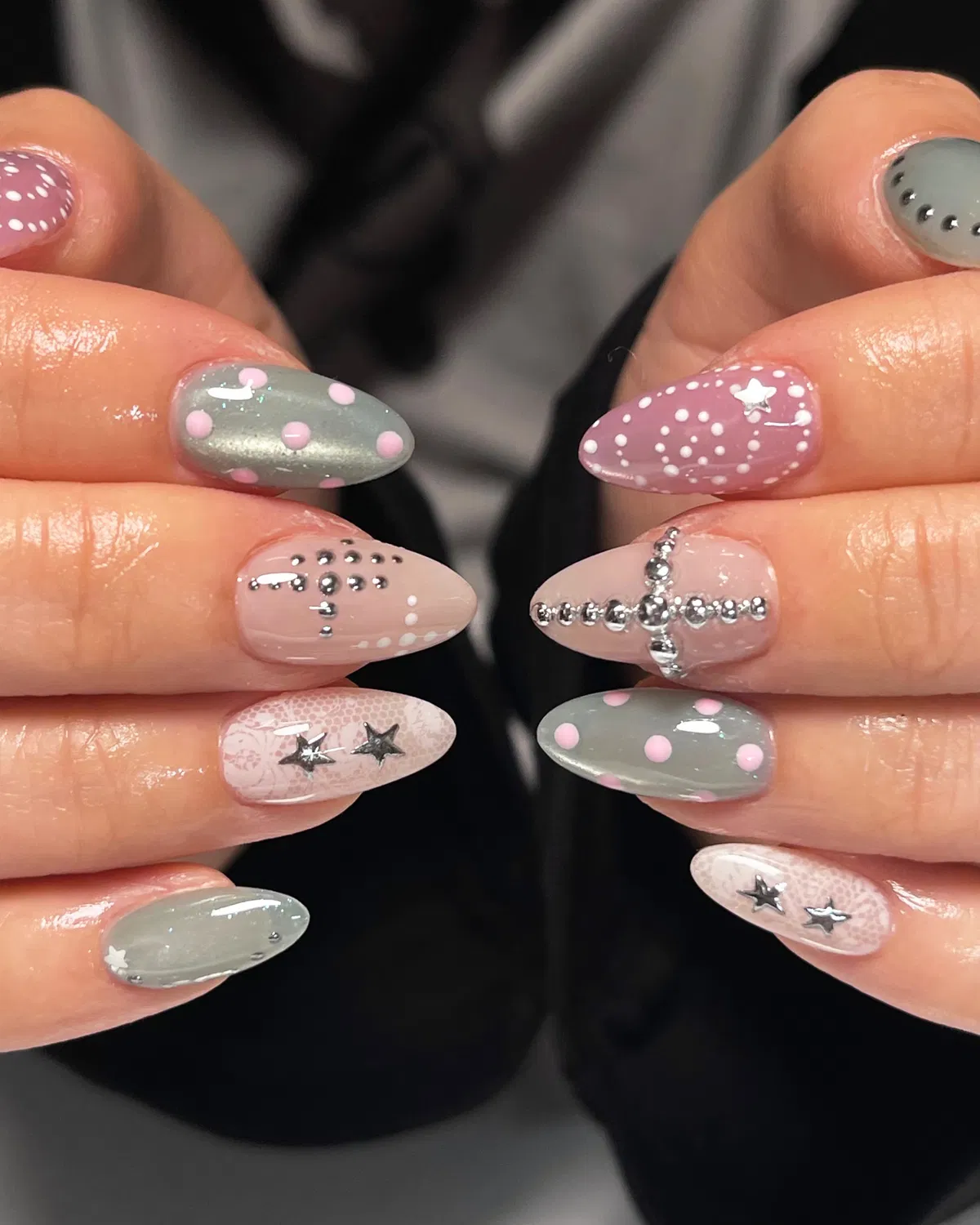 Mauve and gray-green polka dots with metallic embellishments