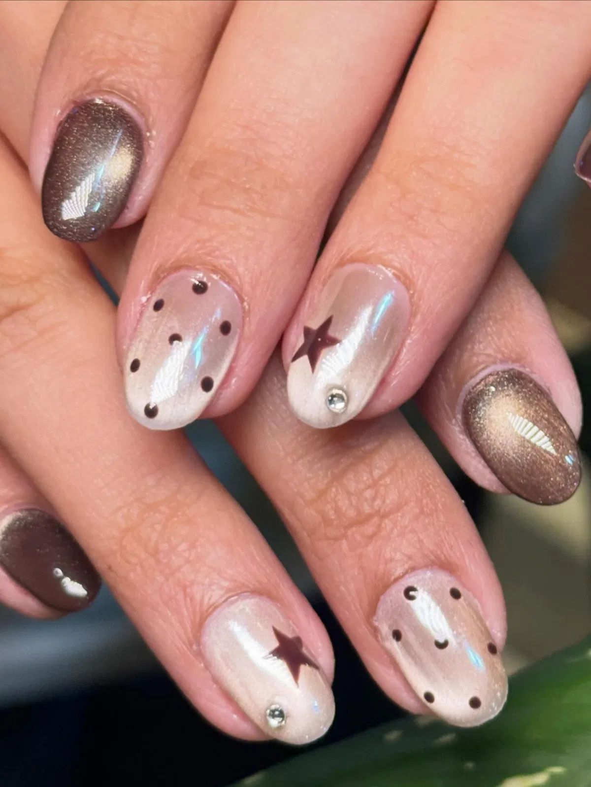 Bronze metallic mix with black polka dots and star accents