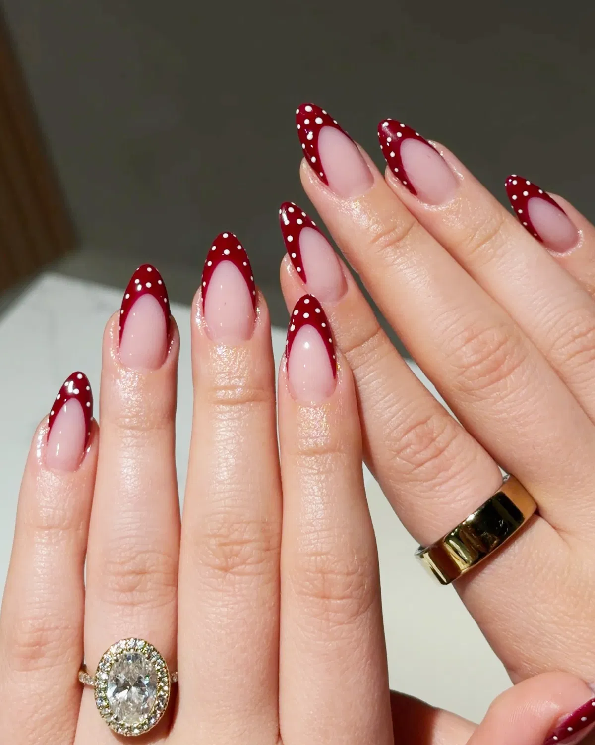 Deep red polka-dot V-French tips