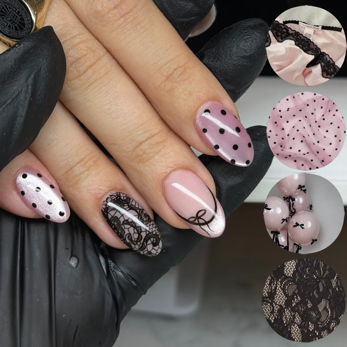 Pale pink polka dots with lace-style accent