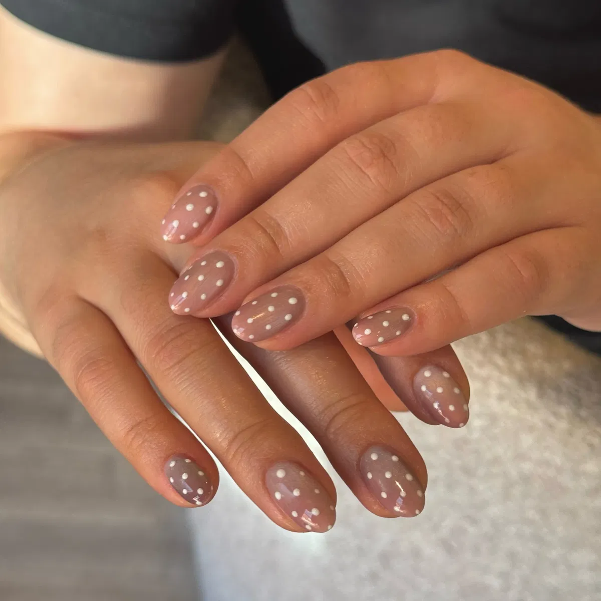 Sheer mauve base with white polka dots
