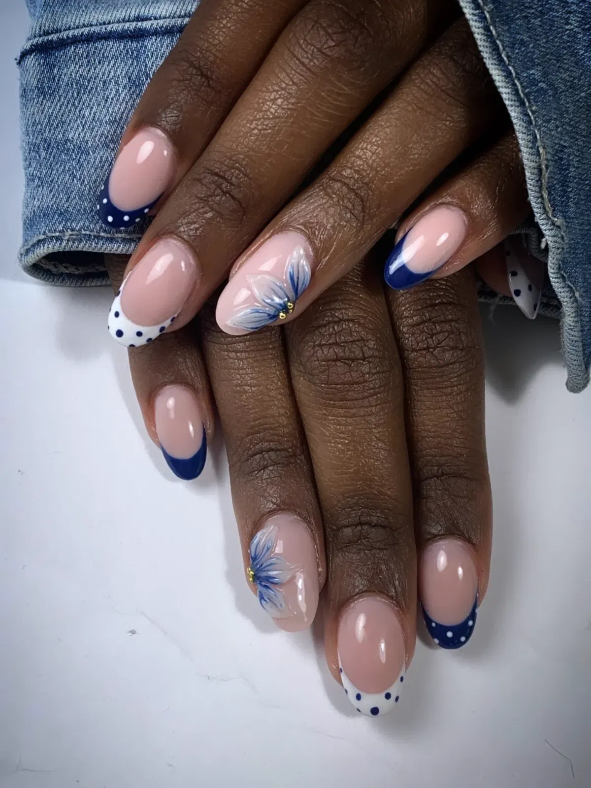 Navy French tips with white polka dots