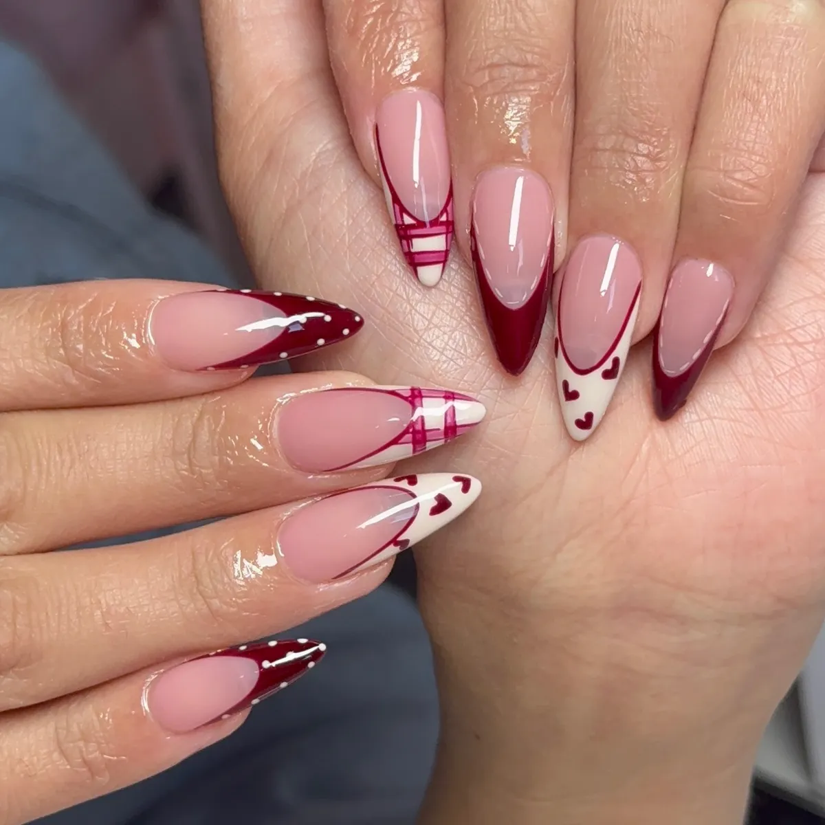 Burgundy-and-white tips with polka dot accents