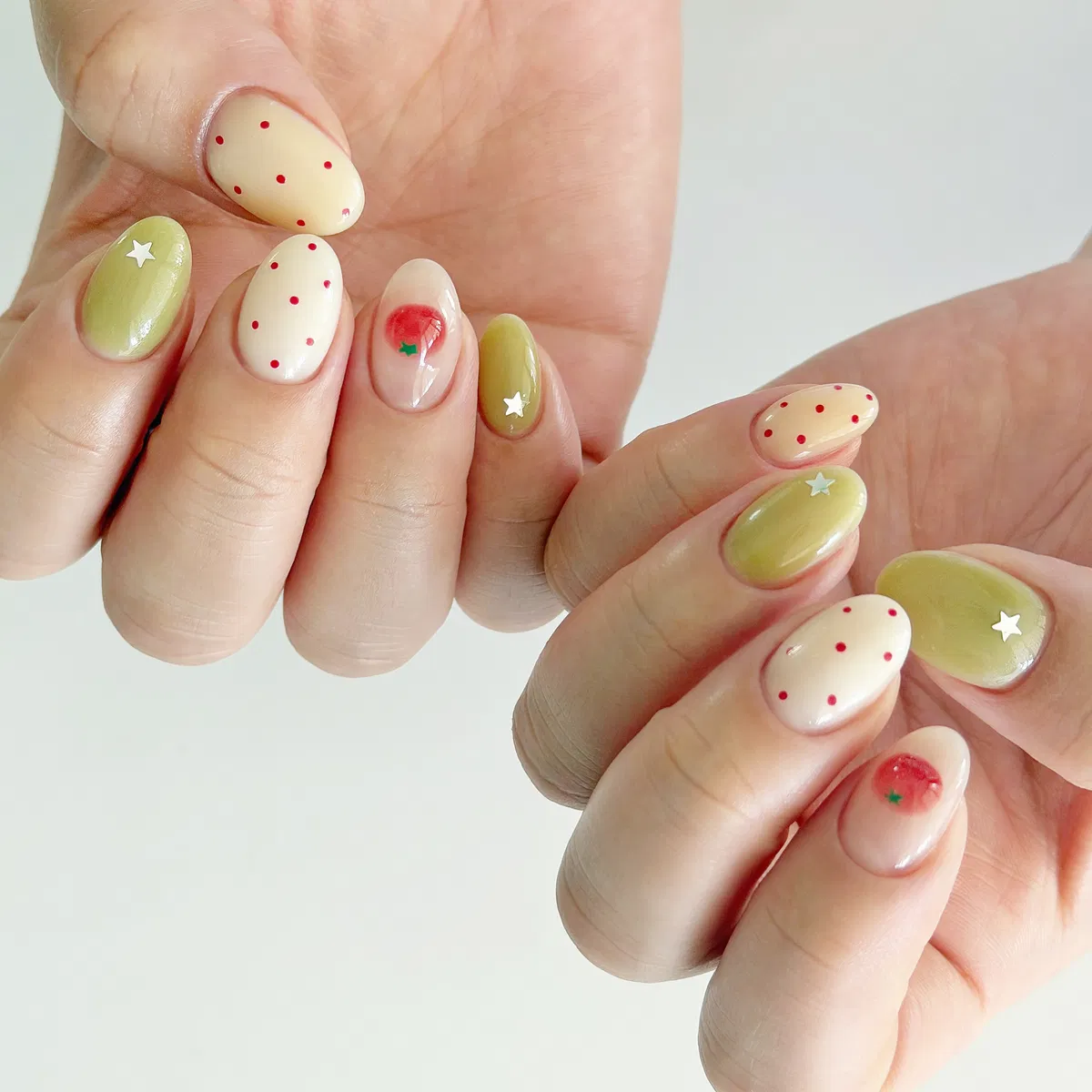 Olive and Cream Nails with Red Polka Dots