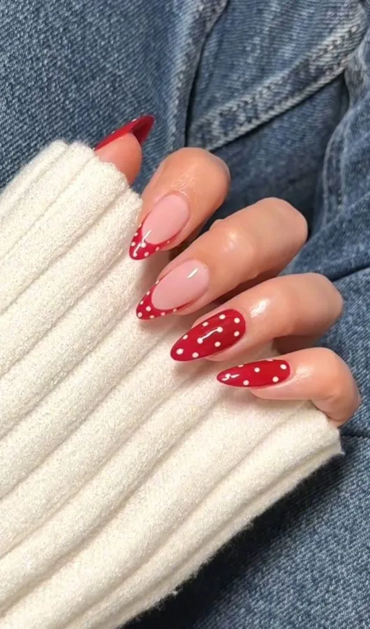 Red dotted French tips on nude base