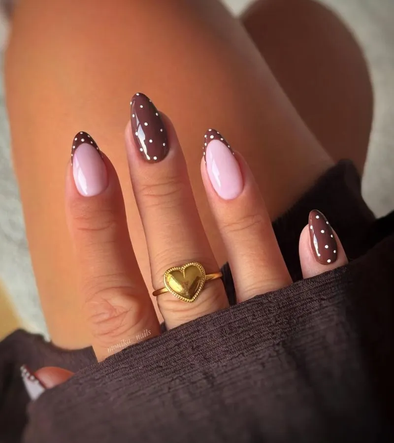 Brown French Tips with White Polka Dots