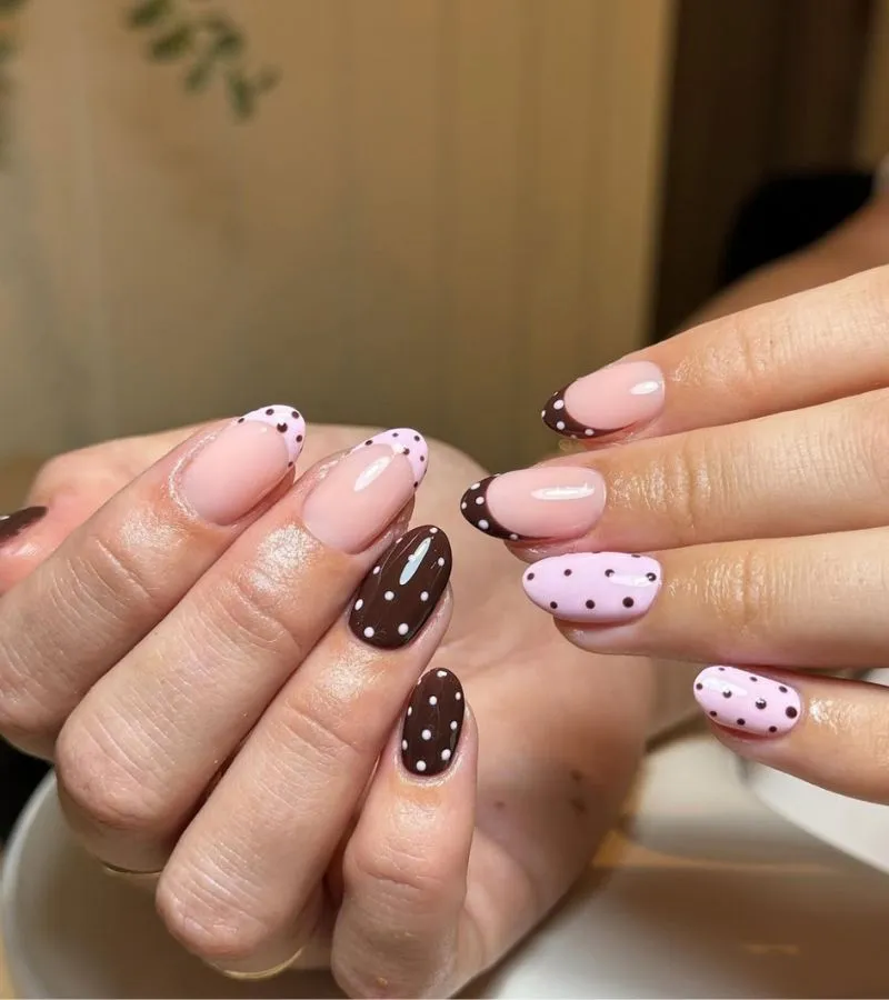 Pale pink and brown polka dots with dotted French tips