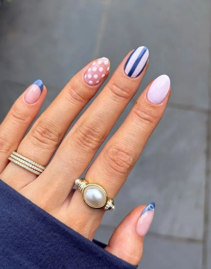 Polka dots paired with stripes and blue tips