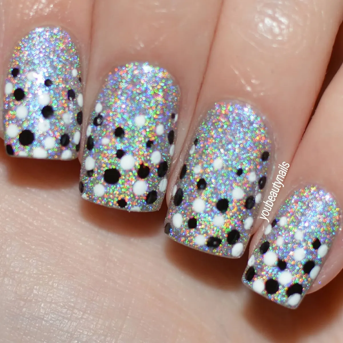 Holographic Silver with Black-and-White Polka Dots