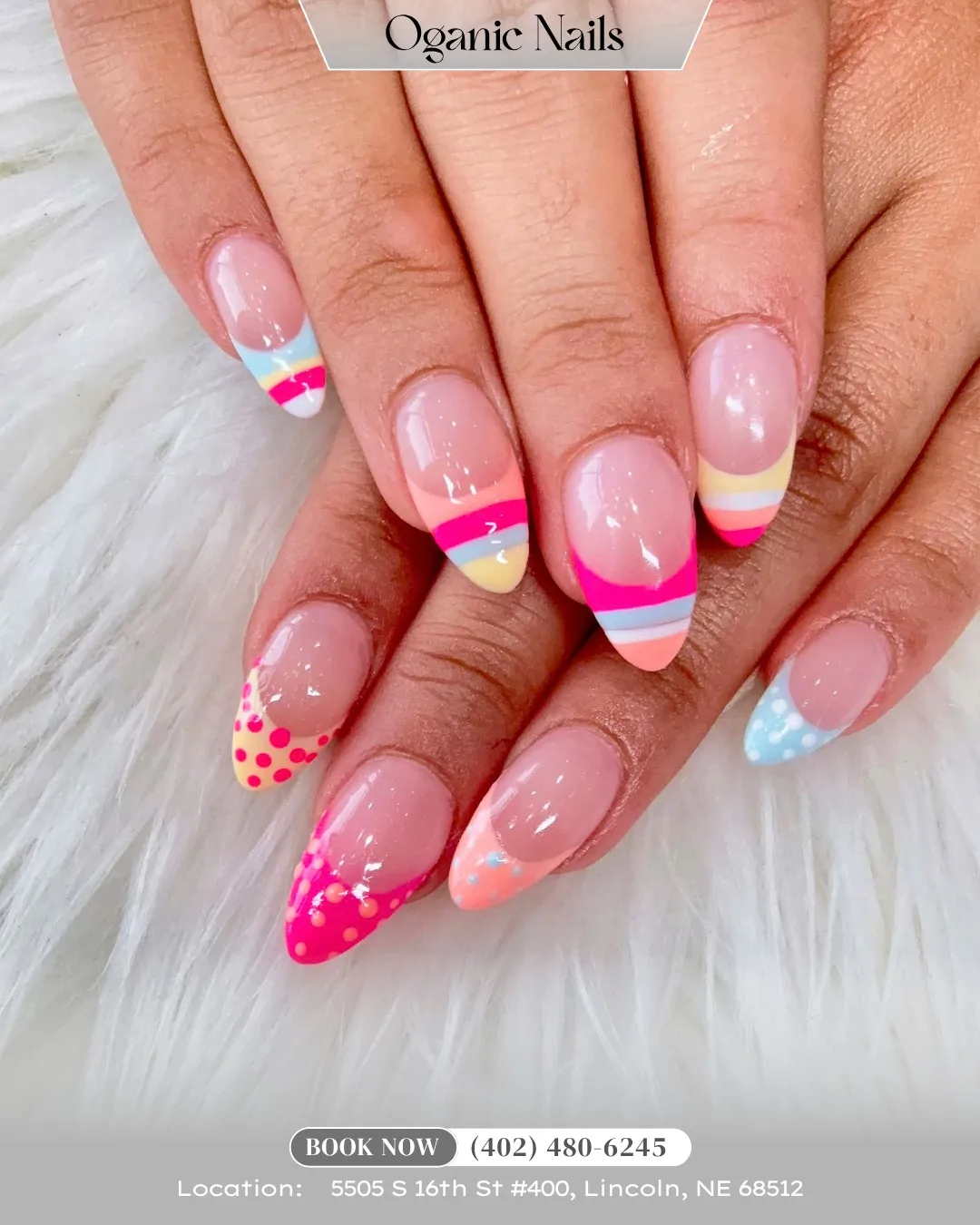 Striped French tips with polka-dot accents (text overlay)
