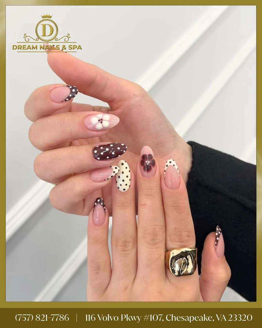 Salon-branded mix: brown and cream polka dots with floral accents