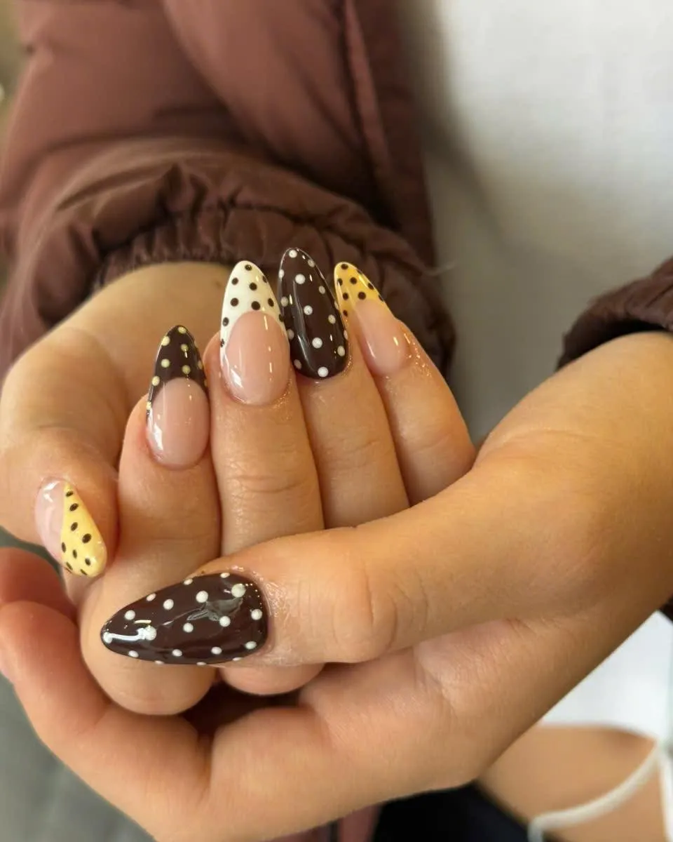 Mixed brown, cream, and yellow polka-dot set