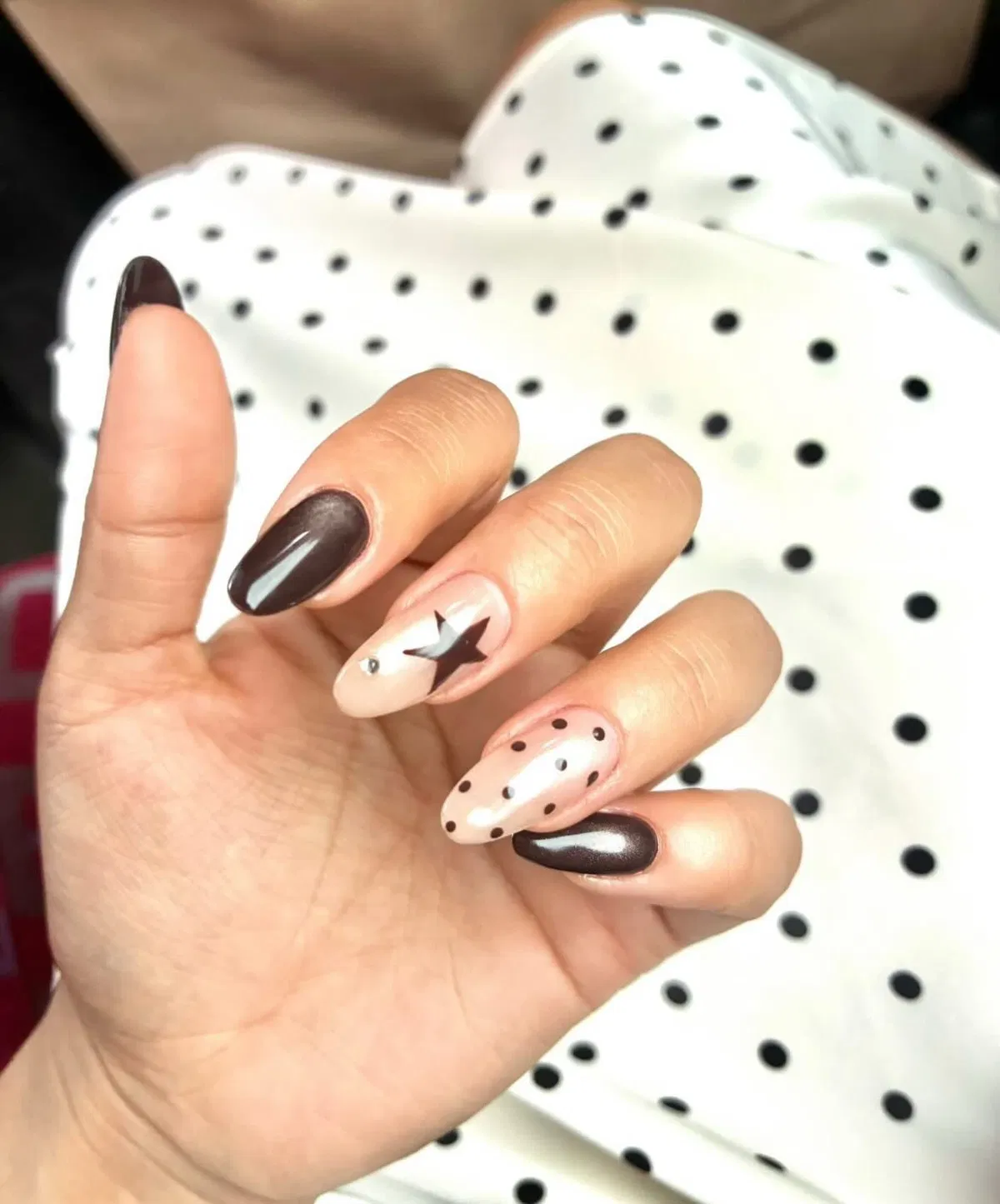Dark brown solids with dotted nude and star accent