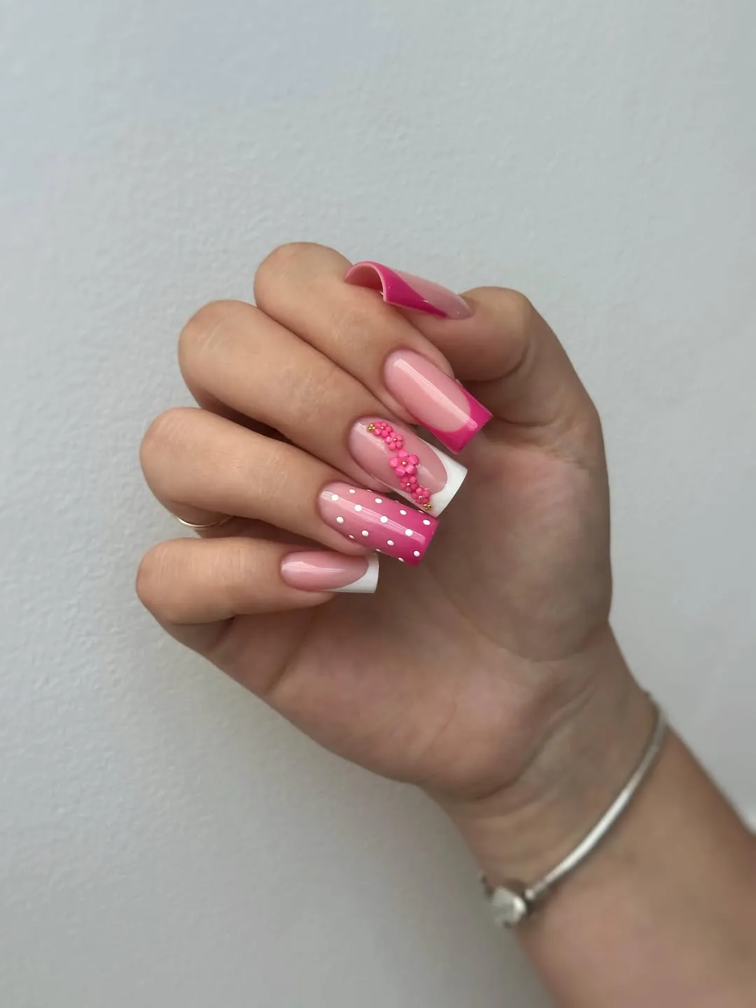 Hot pink polka dots with bead-line accent