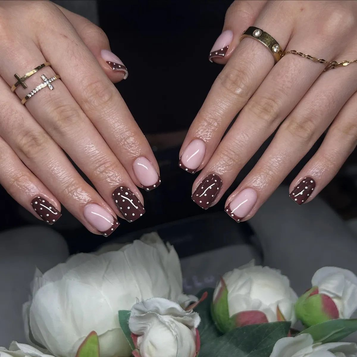 Chocolate-brown polka dots with nude-pink contrast