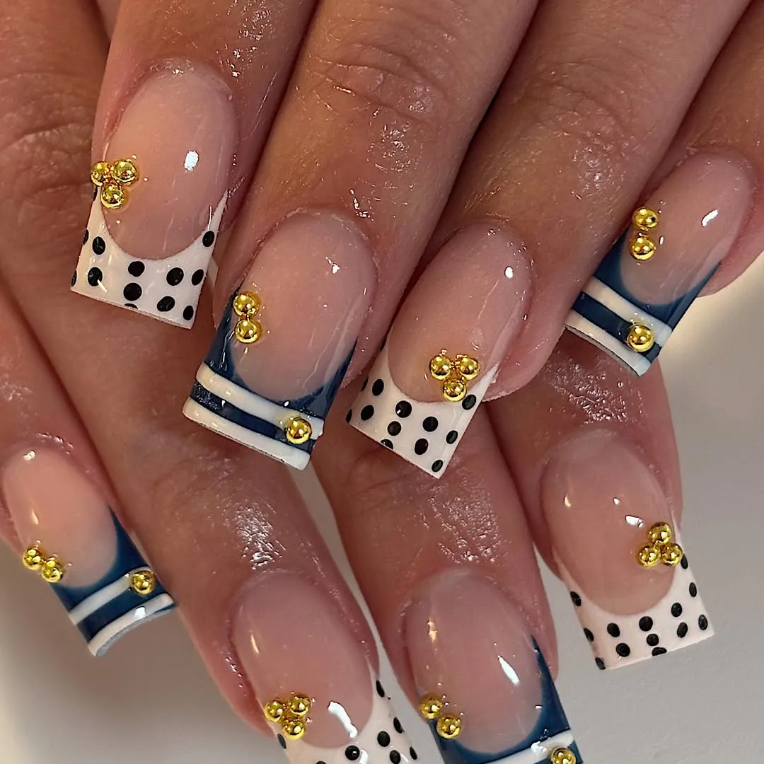 Navy stripe tips and polka-dot tips with gold beads