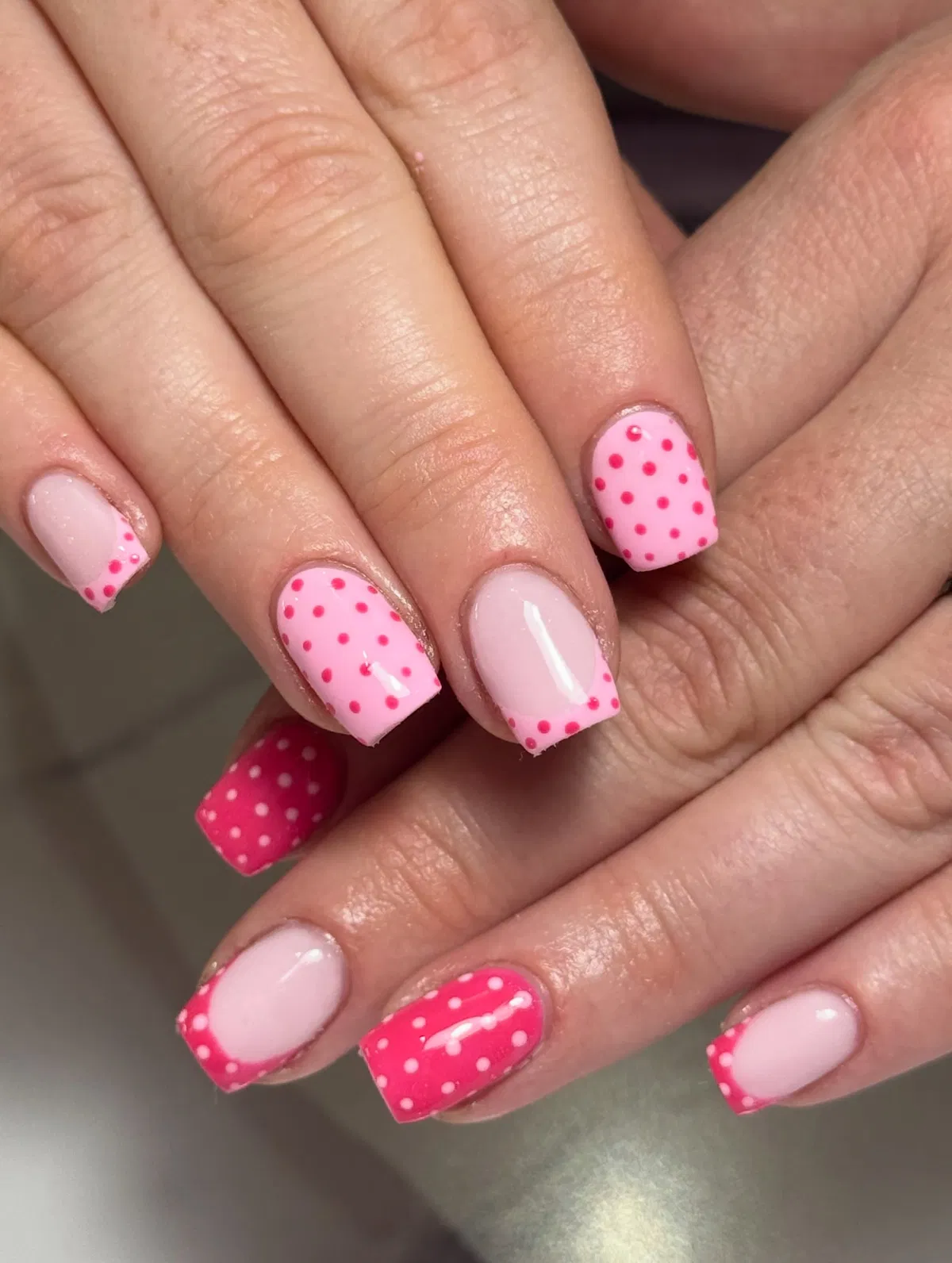 Pink-on-pink polka dot squares