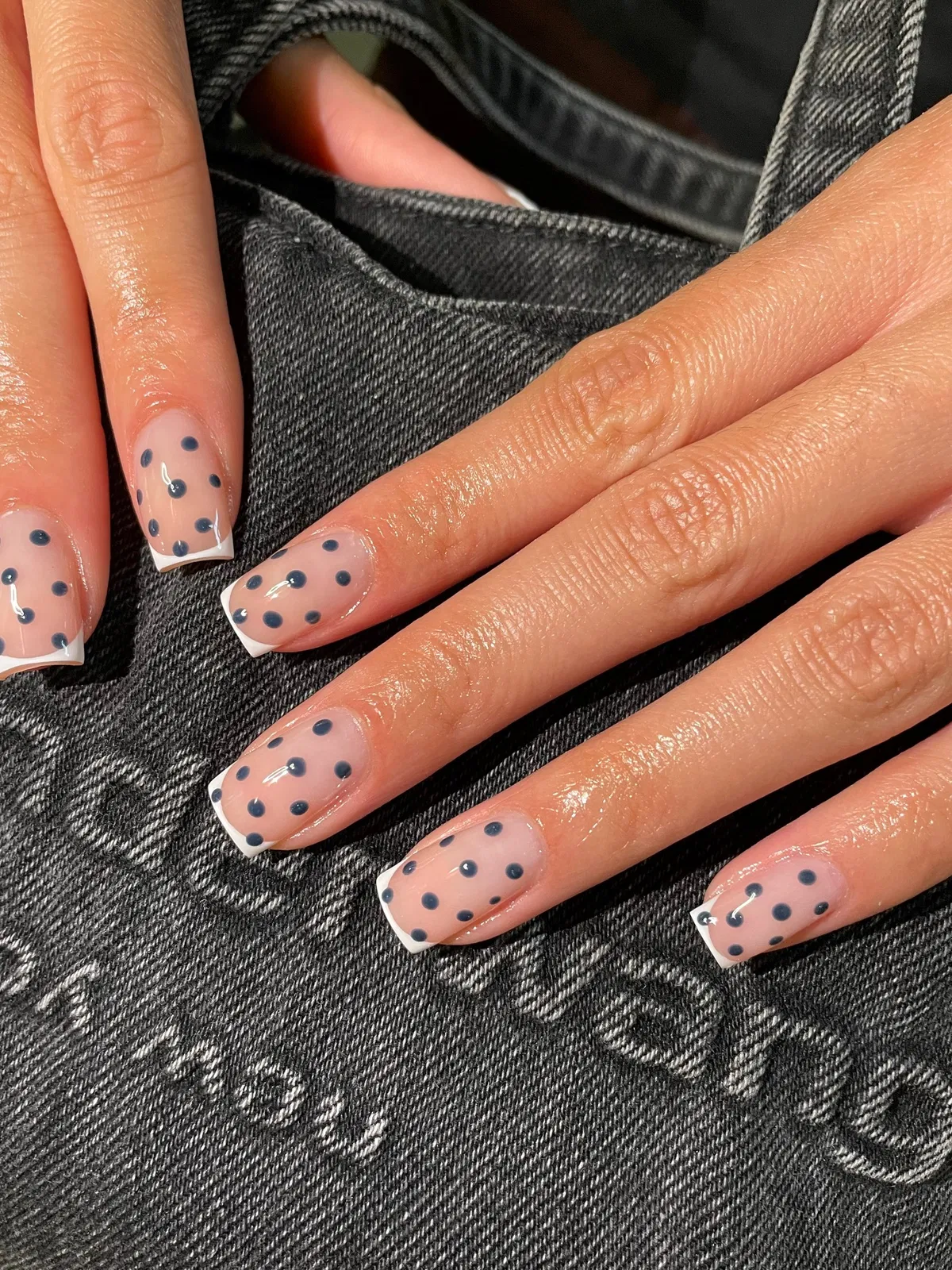 Nude Base with Blue Polka Dots and White Tips