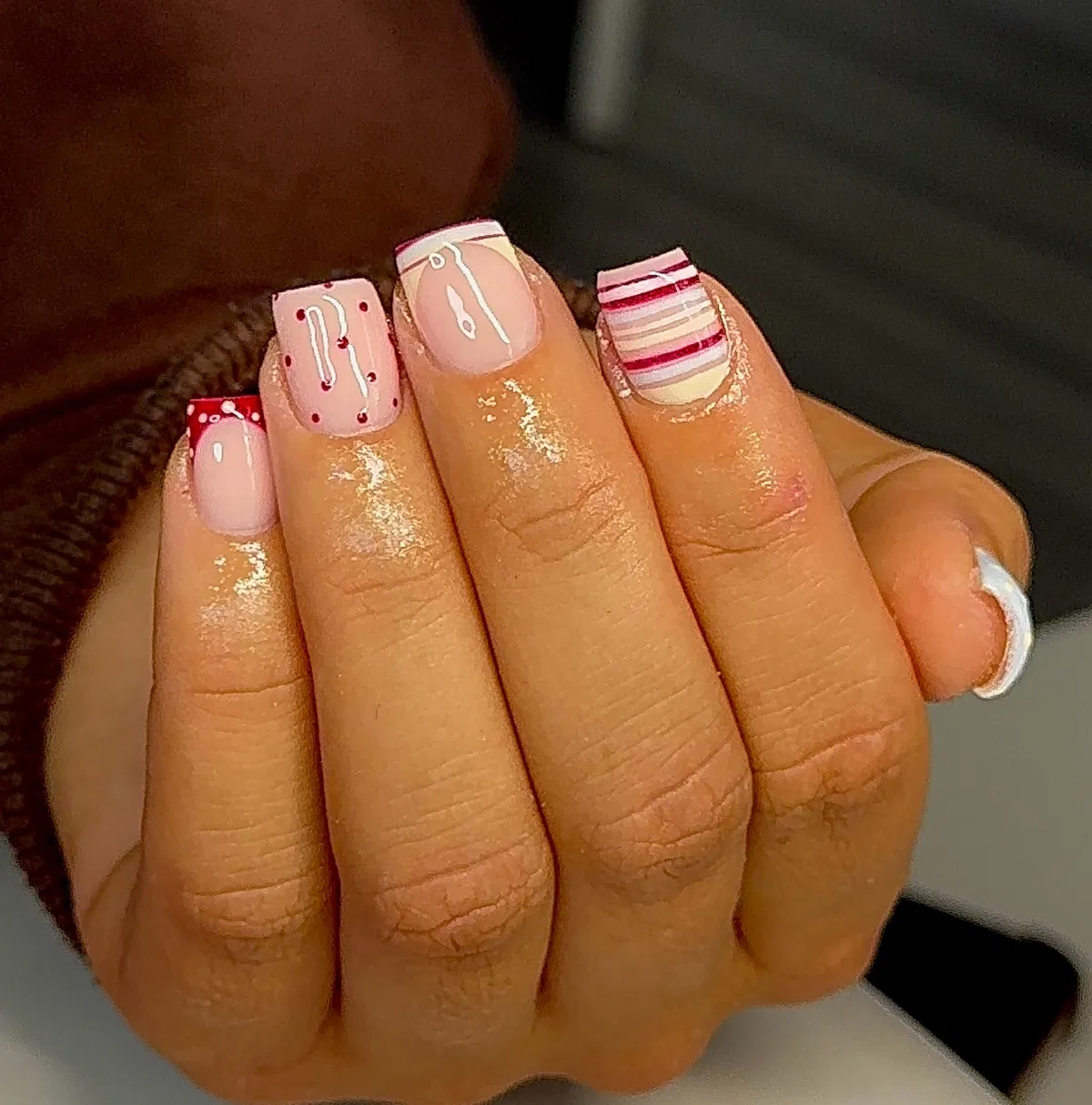 Red polka dots and striped accents on short squares