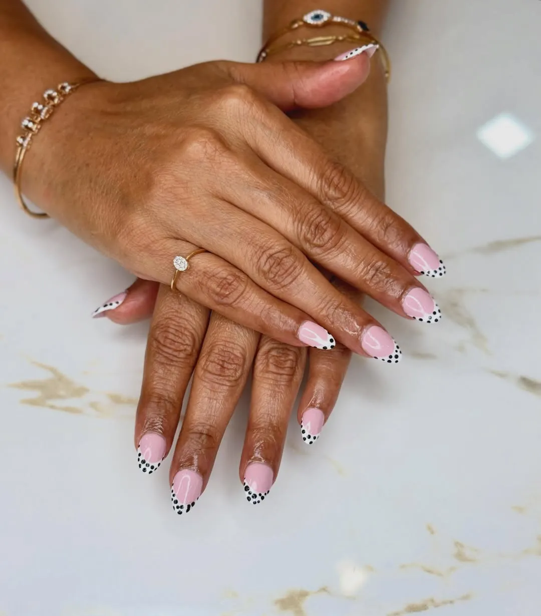 Light Pink Nails with Black Polka-Dot French Tips