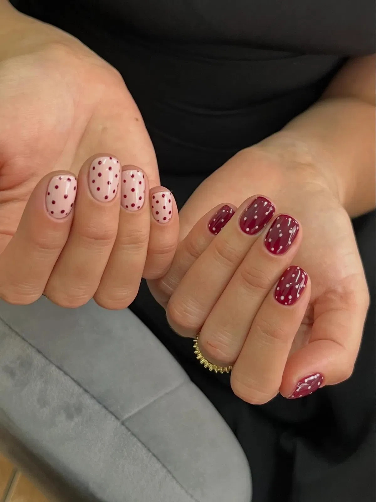 Two-tone polka dots: nude and burgundy