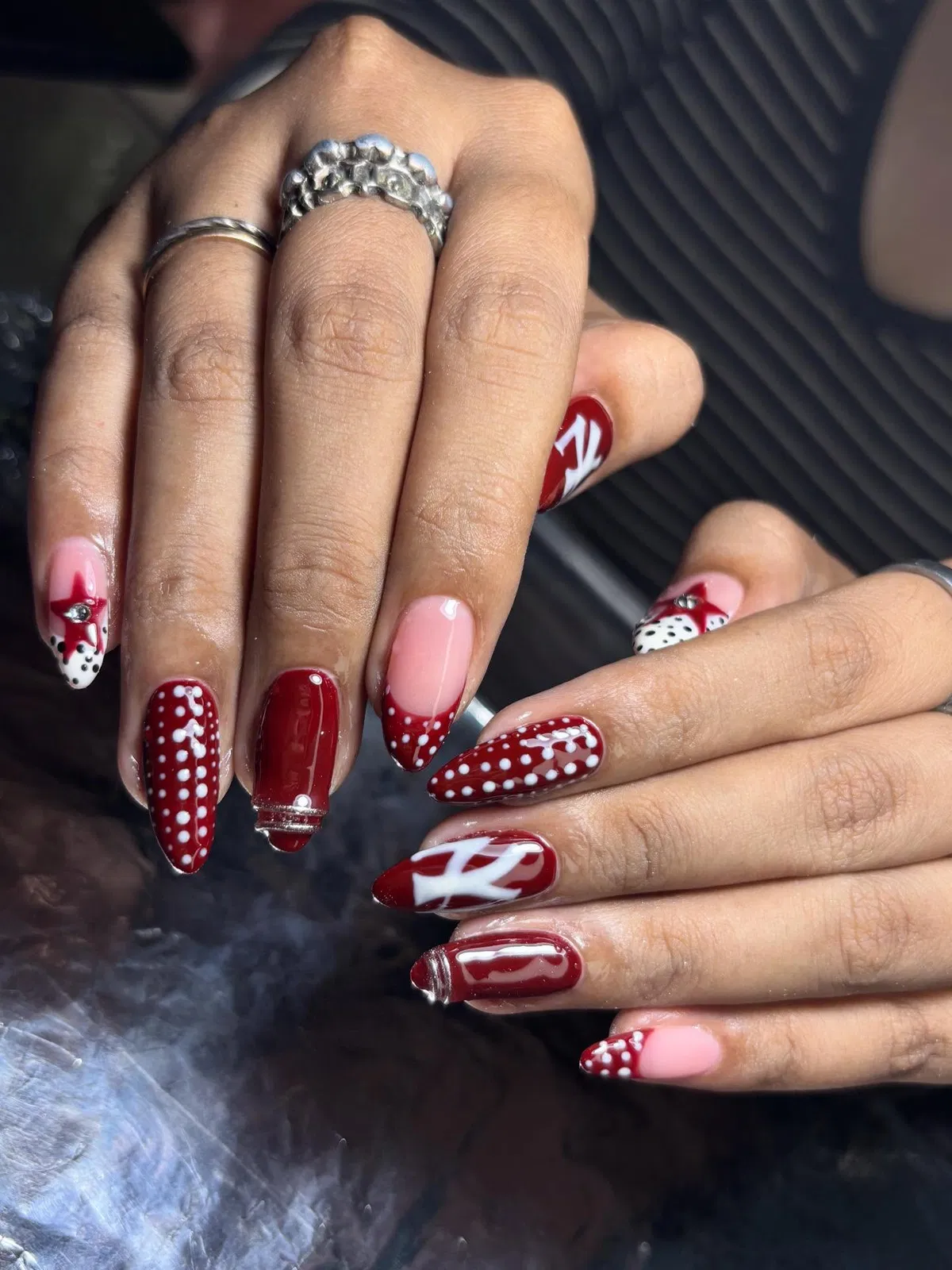 Deep red polka dots with graphic white accents