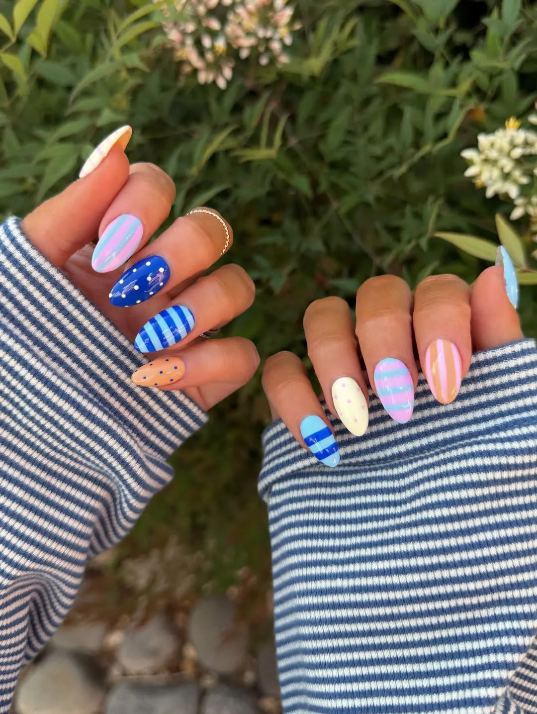 Mixed stripes and polka dots in bright blues