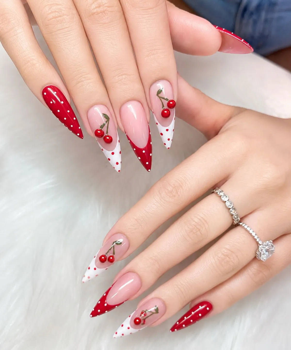 Cherry-themed red-and-white polka dots