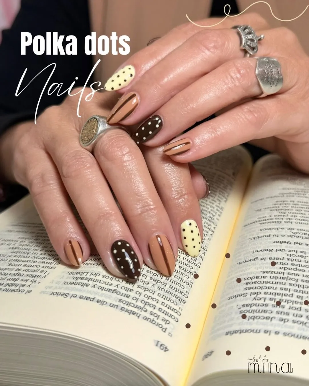 Brown and yellow polka dots with striped accents
