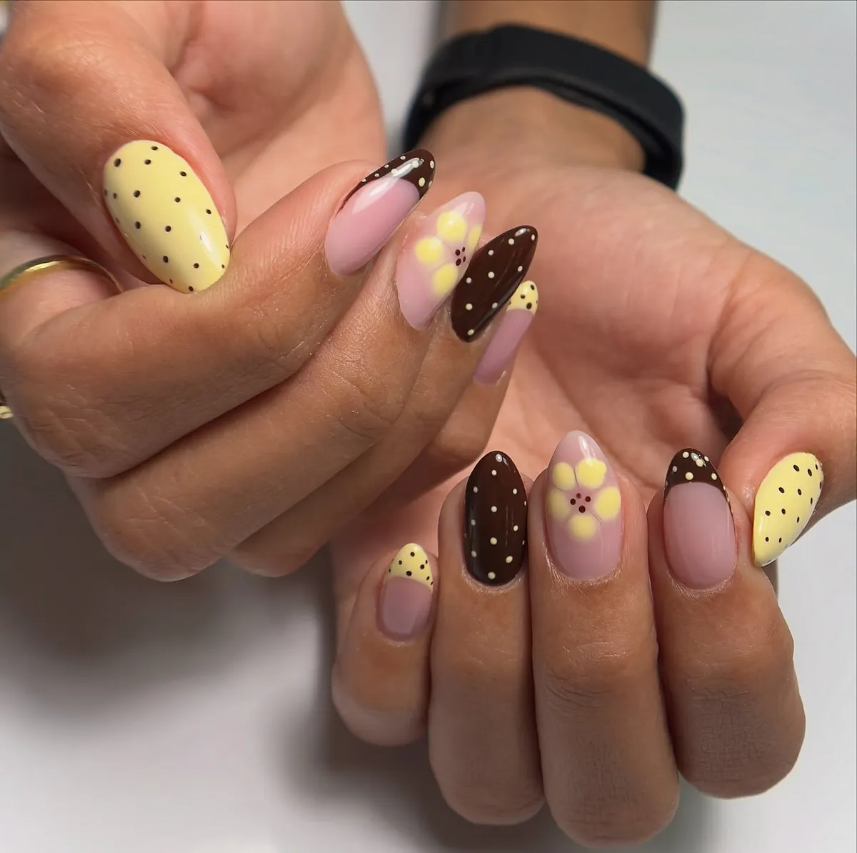 Yellow and brown polka dots with soft floral accents