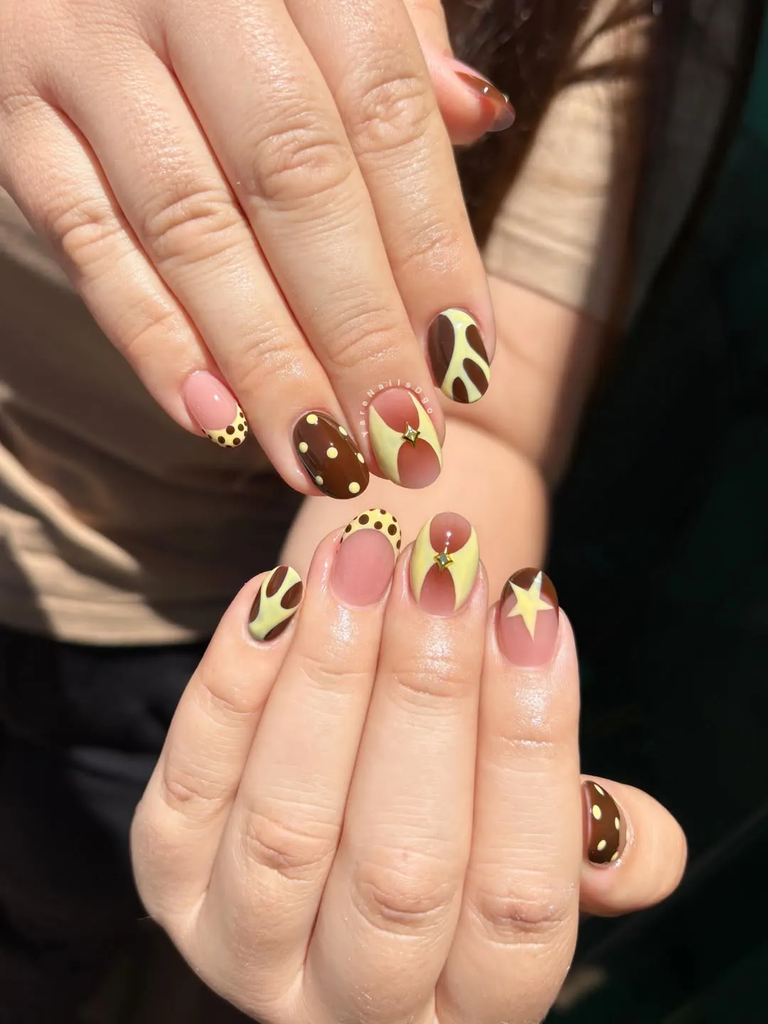 Brown and cream set with polka dots, stars, and small studs