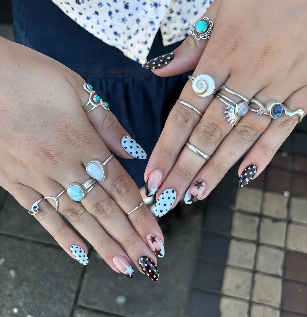 Light-blue and brown polka dots with star accents