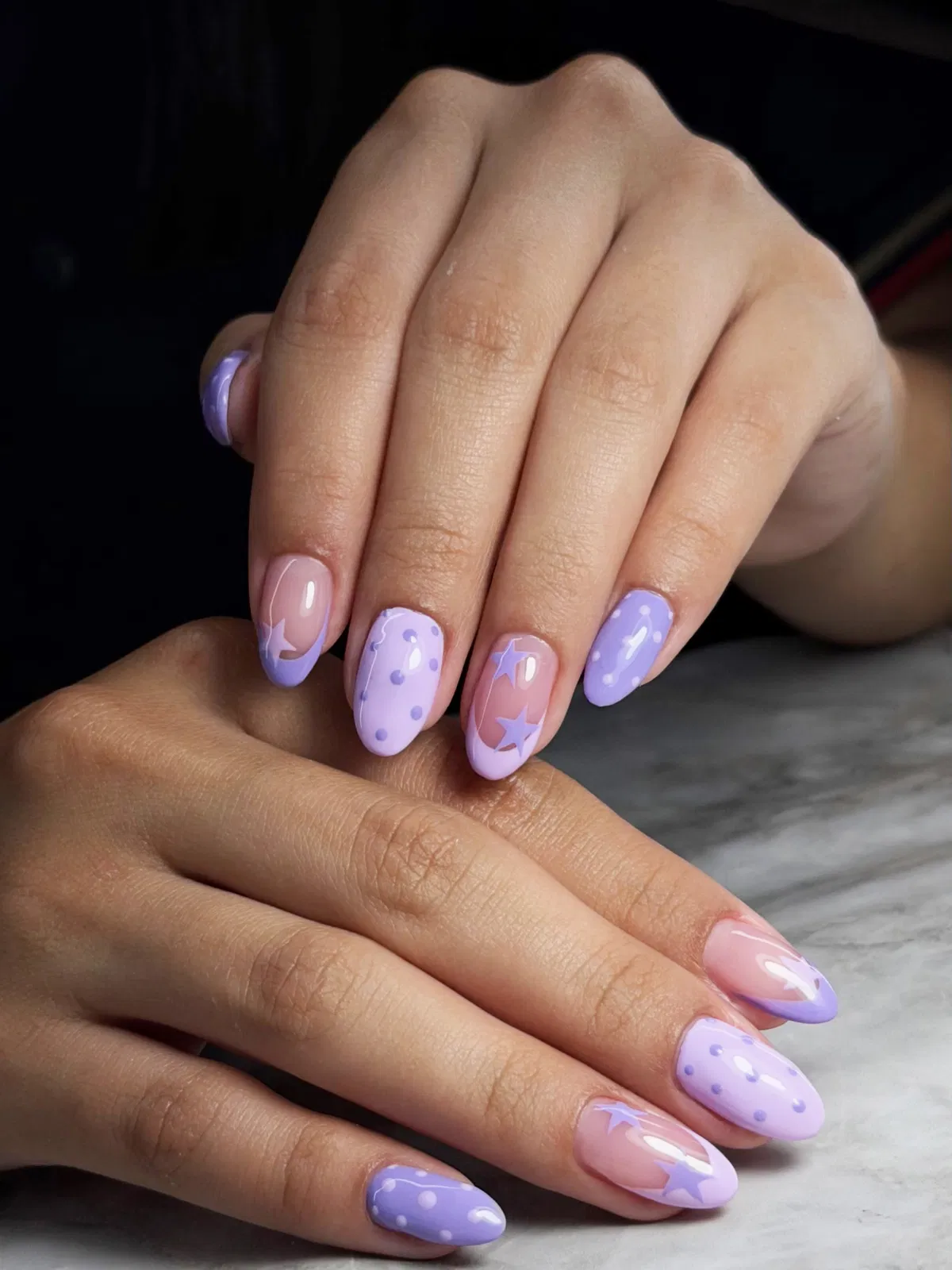 Lavender polka dots with star accents and soft French tips