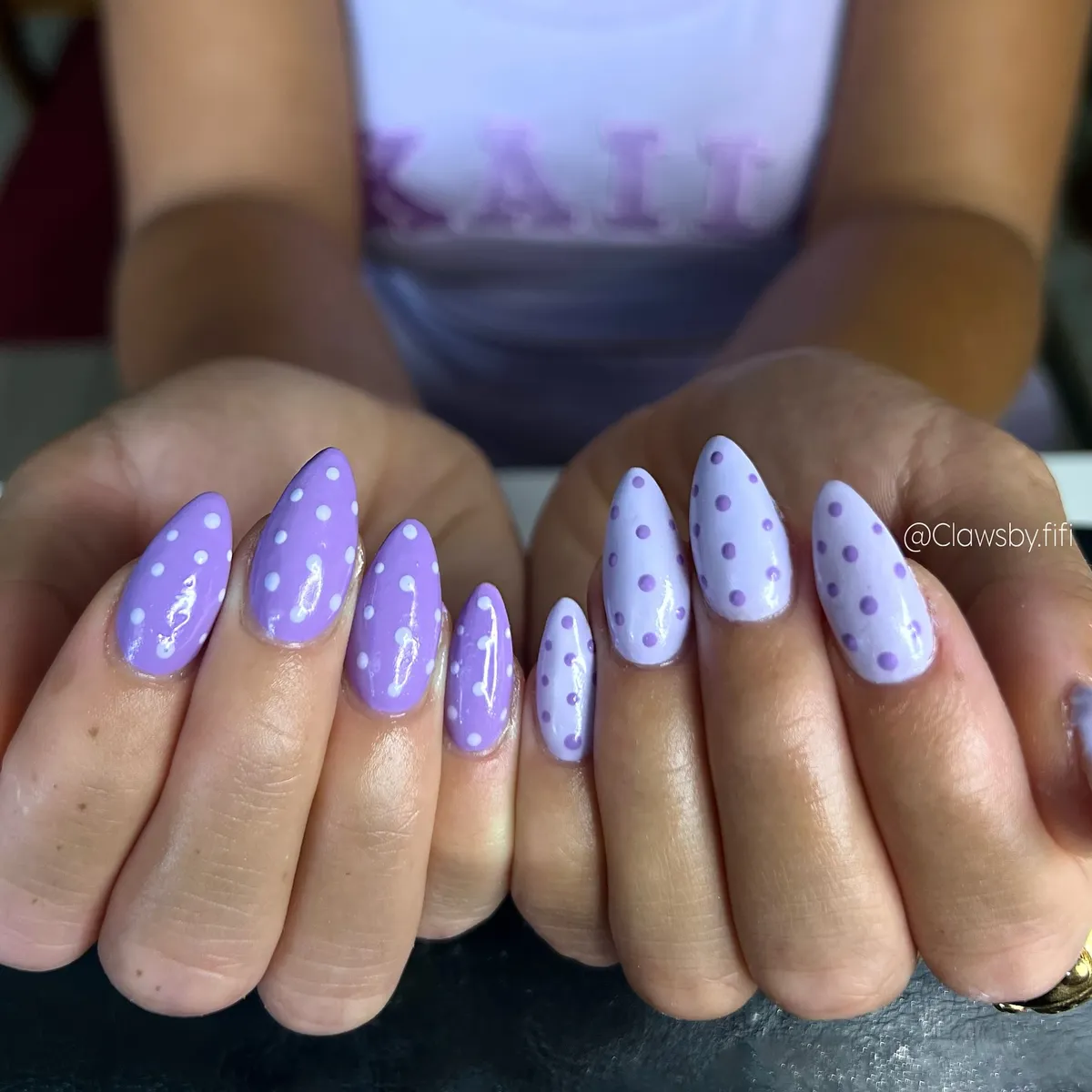 Two-tone purple polka-dot set: white dots vs darker purple dots