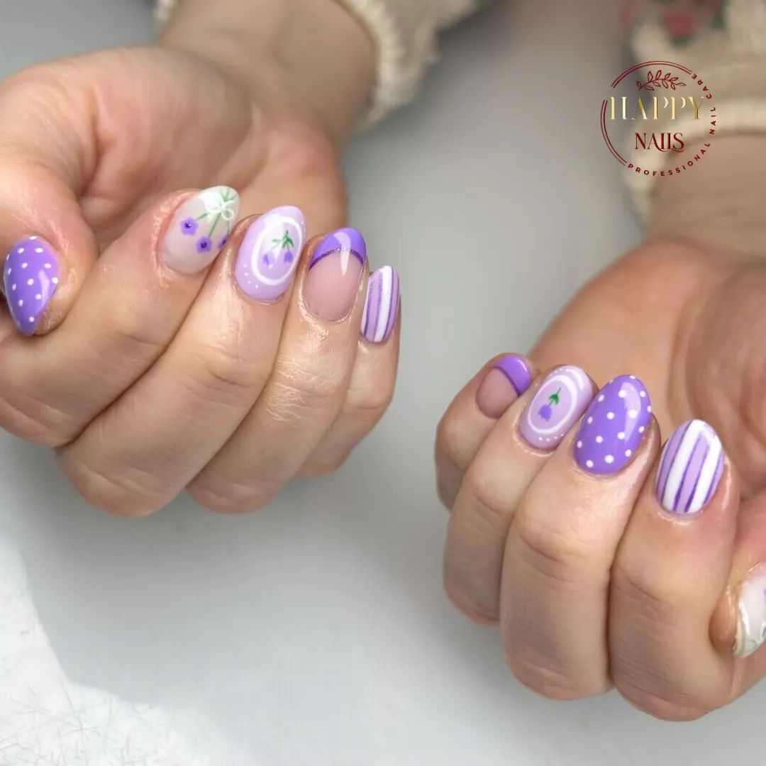 Mixed purple accents: polka dots, stripes, French tips, and small florals