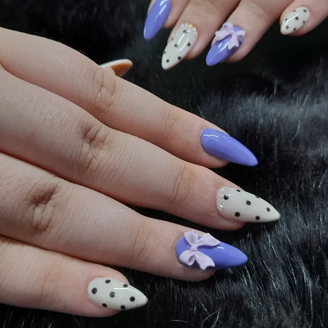 Periwinkle and white polka dots with 3D bow and rhinestone accents
