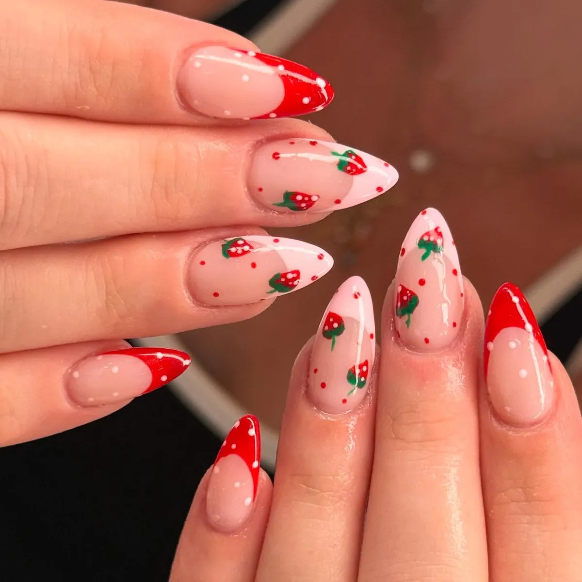 Strawberry accents with red polka dots and red French tips