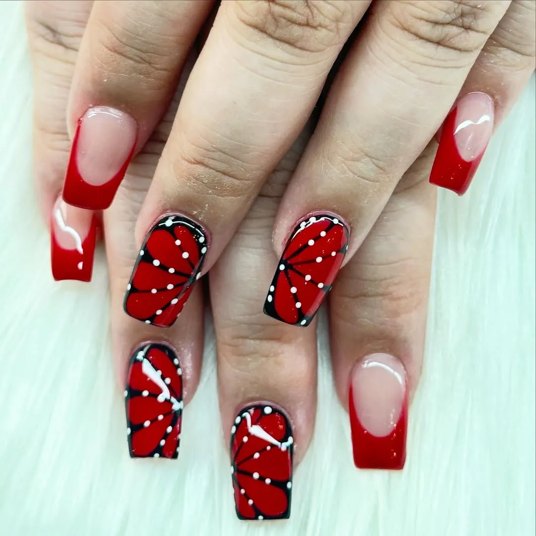 Red-and-black graphic accents with dotted details